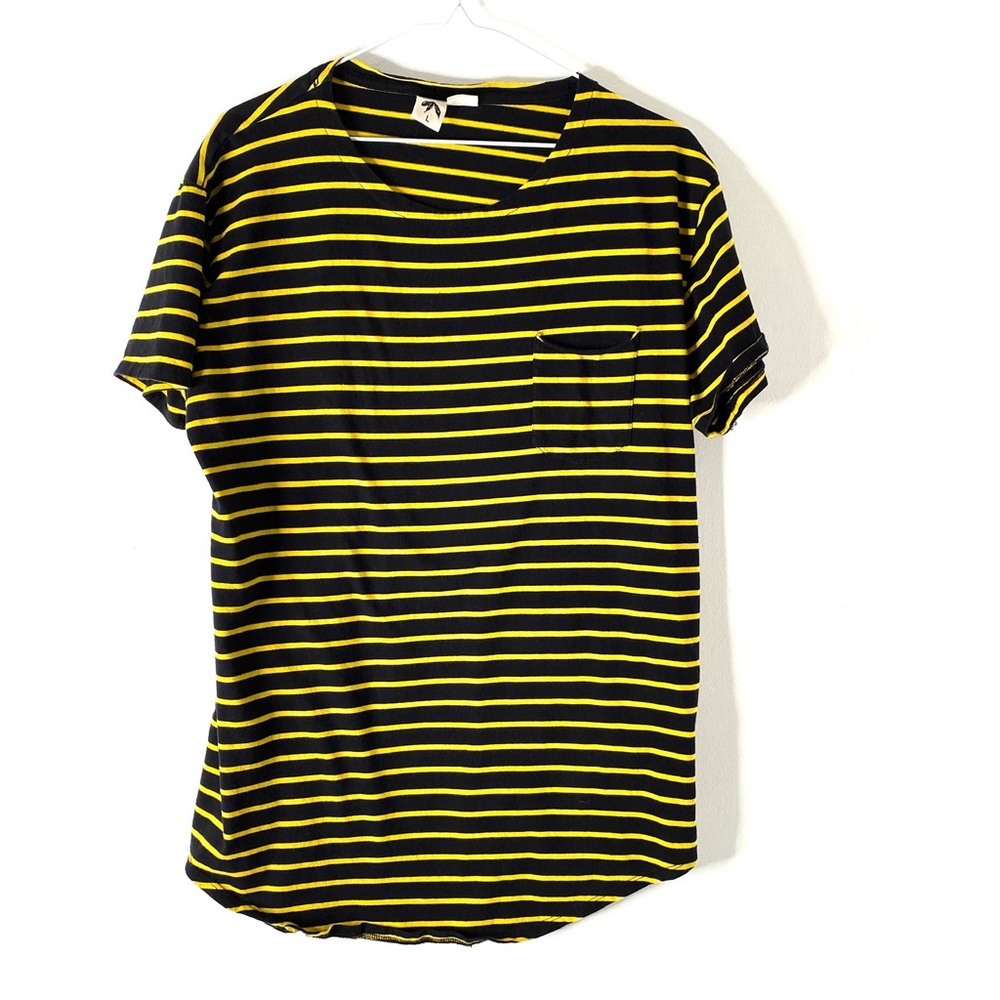 Anthropologie Three Feathers Black Yellow Stripe Pocket Tee